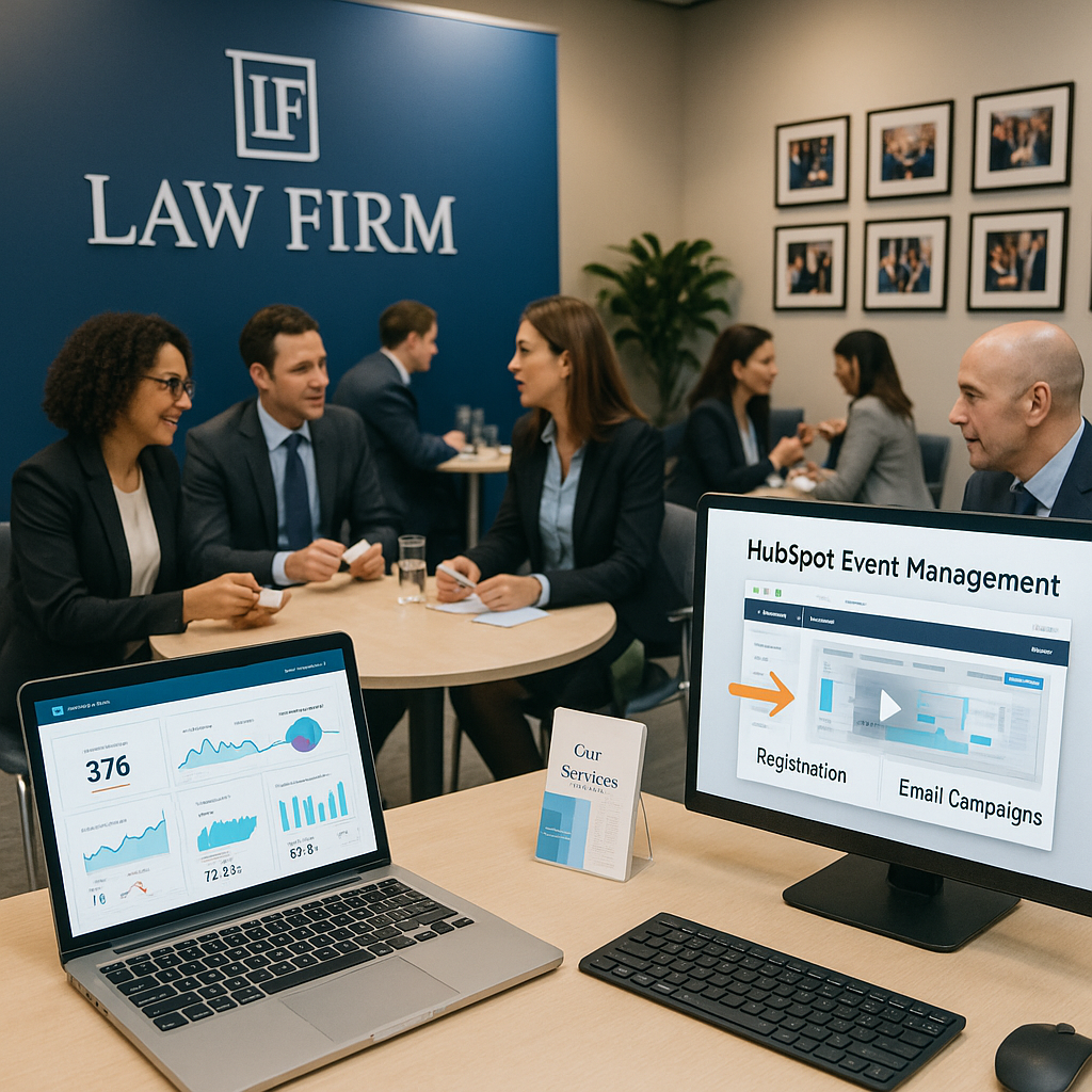 The image features a sleek and modern workspace set up for a networking event, with a large banner displaying the logo of a law firm. A round table is surrounded by several professional attendees, each engaged in animated discussions, armed with business cards and notepads. In the foreground, a laptop is open displaying a colorful dashboard, showcasing metrics and analytics related to event performance. Nearby, a digital screen plays a video walkthrough of the HubSpot Event Management solution, with visual cues like arrows pointing to key features. The ambiance is lively, with bright lighting and a contemporary design that reflects a professional yet inviting atmosphere. Refreshments are neatly arranged on a side table, and brochures about the firm's services are prominently displayed. The backdrop includes a wall of framed photos from past successful events, highlighting the firm’s commitment to networking and client relationships.